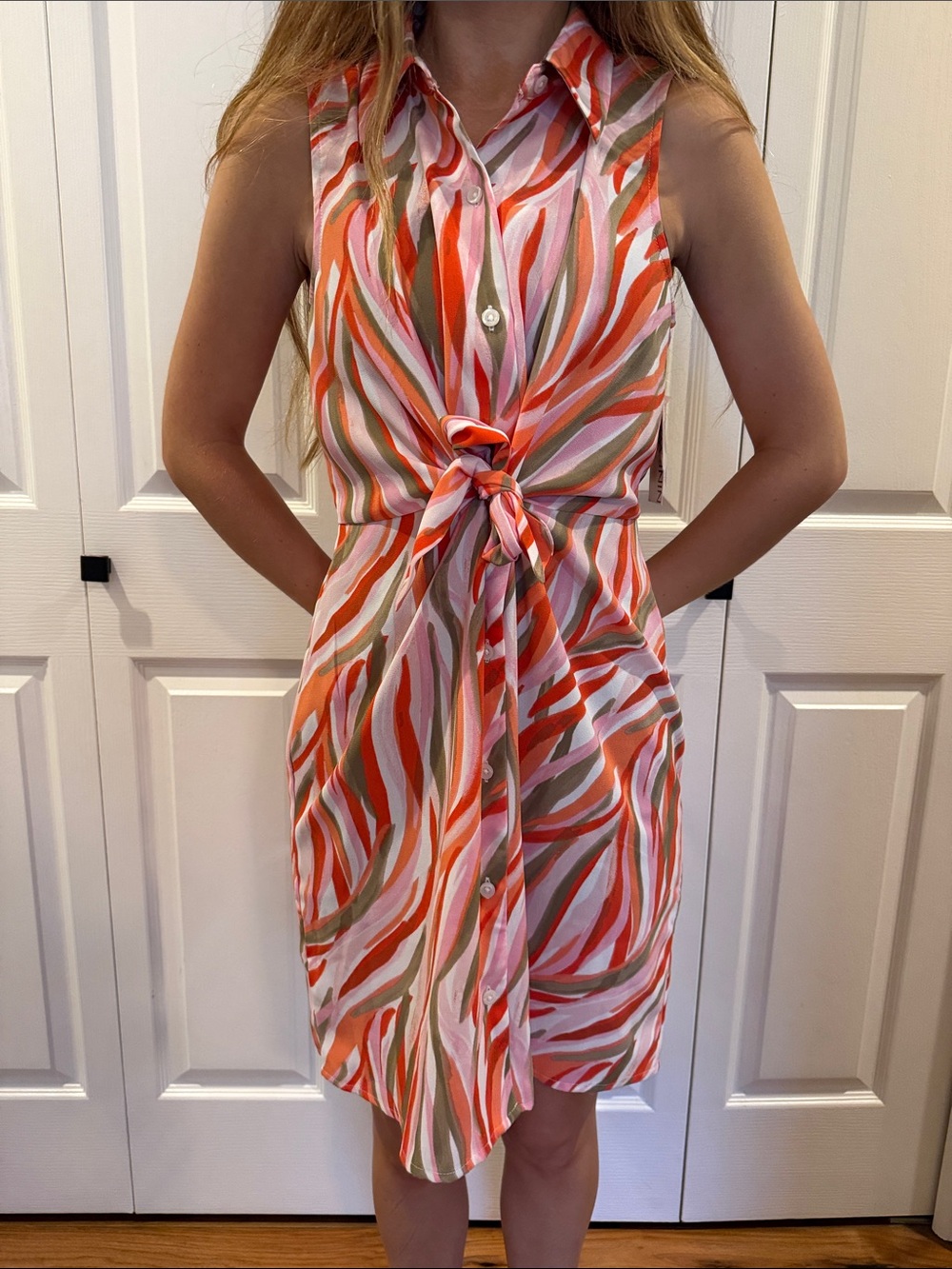 Nine West Orange, Pink & White Sleeveless Tie-Front Shirt Dress